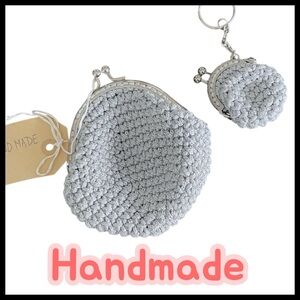 New Handmade Silver Grey Crochet Coin Purse Keychain Set